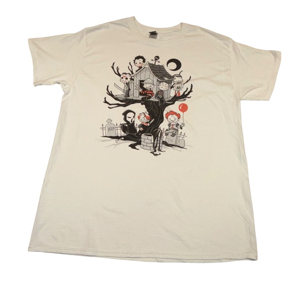 Gildan Horror Movie Characters Treehouse Graphic TShirt White Large Freddy Jason